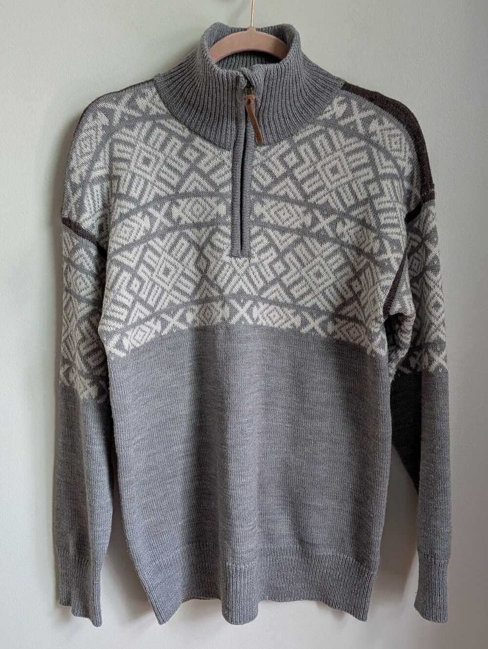 VIKAFJELL Grey White Nordic Cabin Wool Half-Zip Knit Sweater Sizw Medium